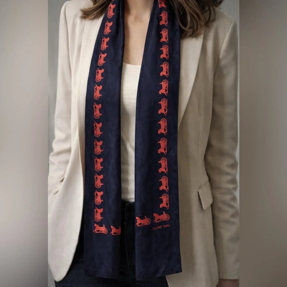 Celine Paris Navy and Red Silk Long Scarf